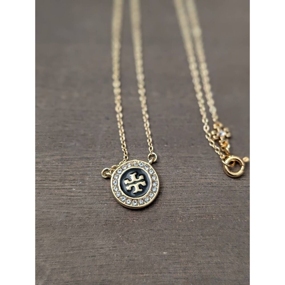 TORY BURCH Kira Gold Black Pave Enamel Double T Logo Pendant Necklace